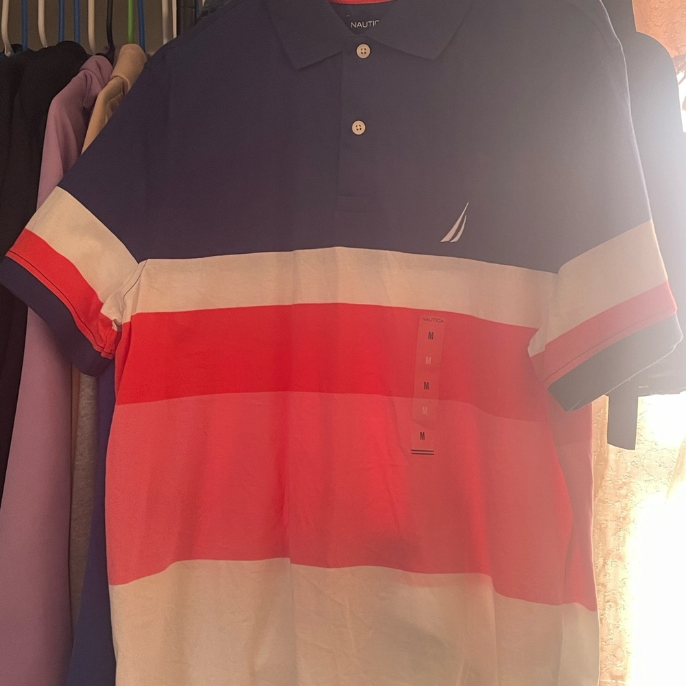 Nautica Blue and Red Polo Shirt with Color-Block Design